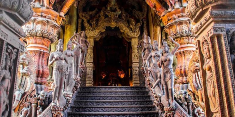 A Large Staircase With Statues On Each Side Of It.