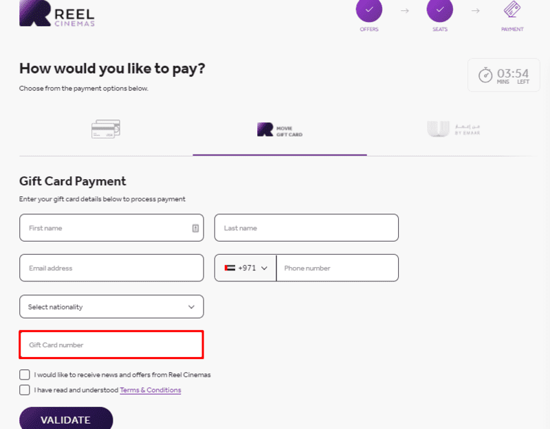 Redeem Reel Cinemas Gift Card