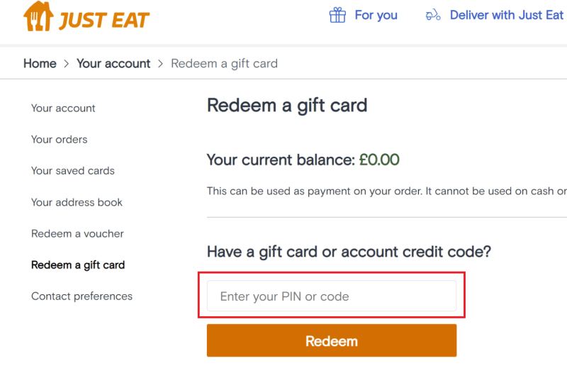 How to redeem Jusrt Eat gift card