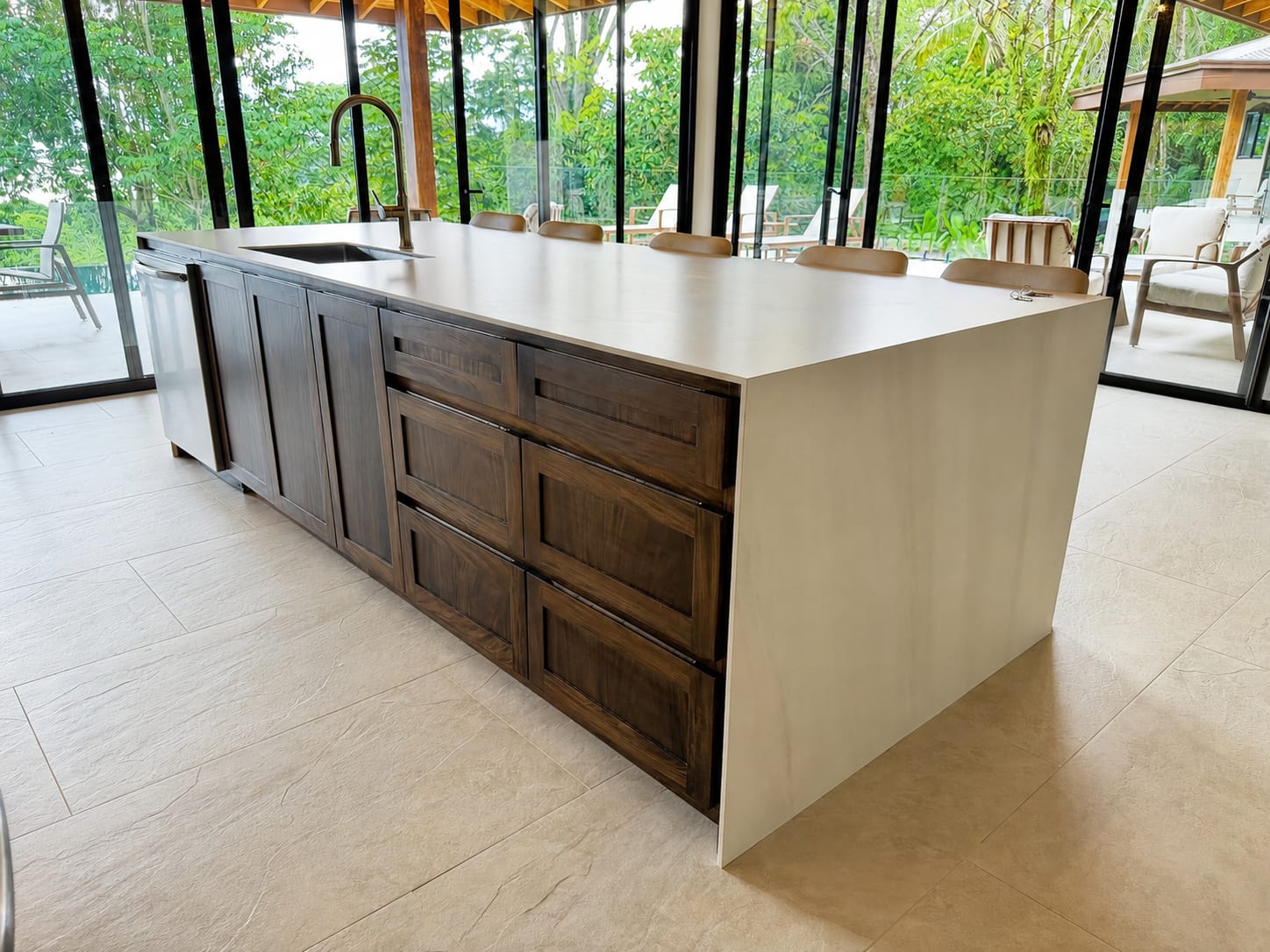Kitchen, island and interior dining - Ocean of Wisdom House (4)