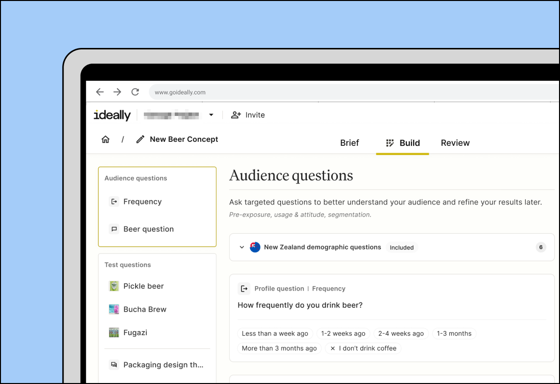 Ideally app Build tab showing an audience questions panel for a survey setup flow