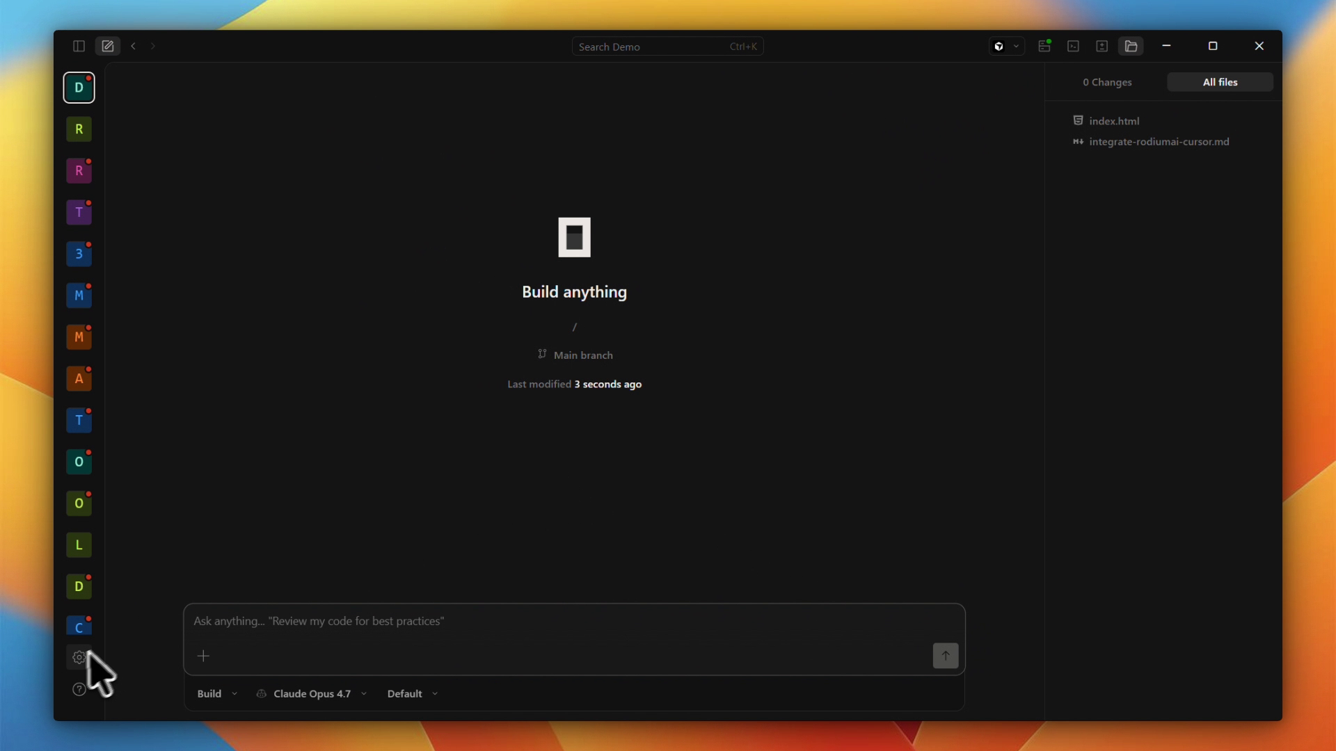 OpenCode Desktop main interface — Build anything screen