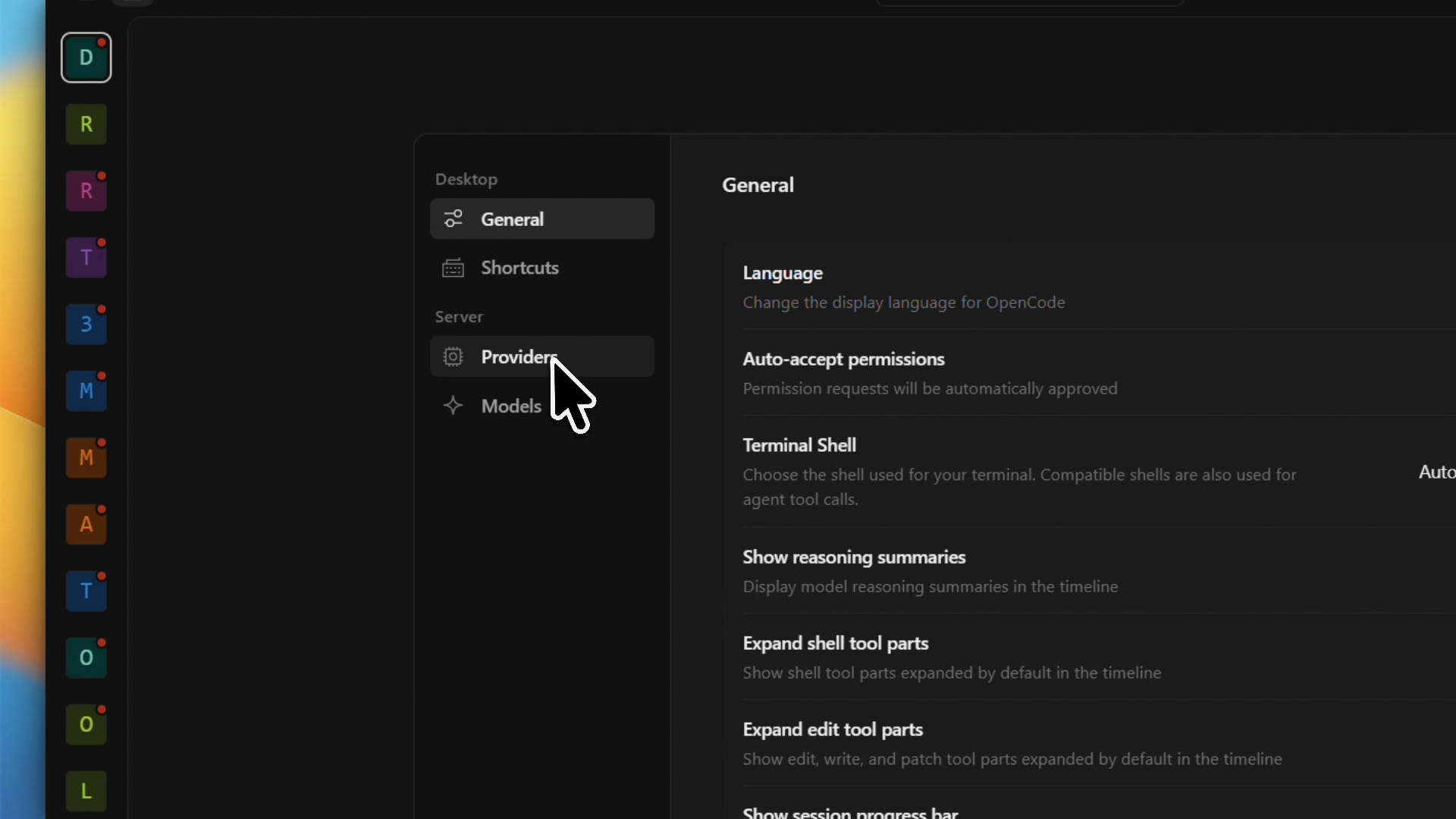 OpenCode Desktop Settings — General panel with Providers option in the sidebar