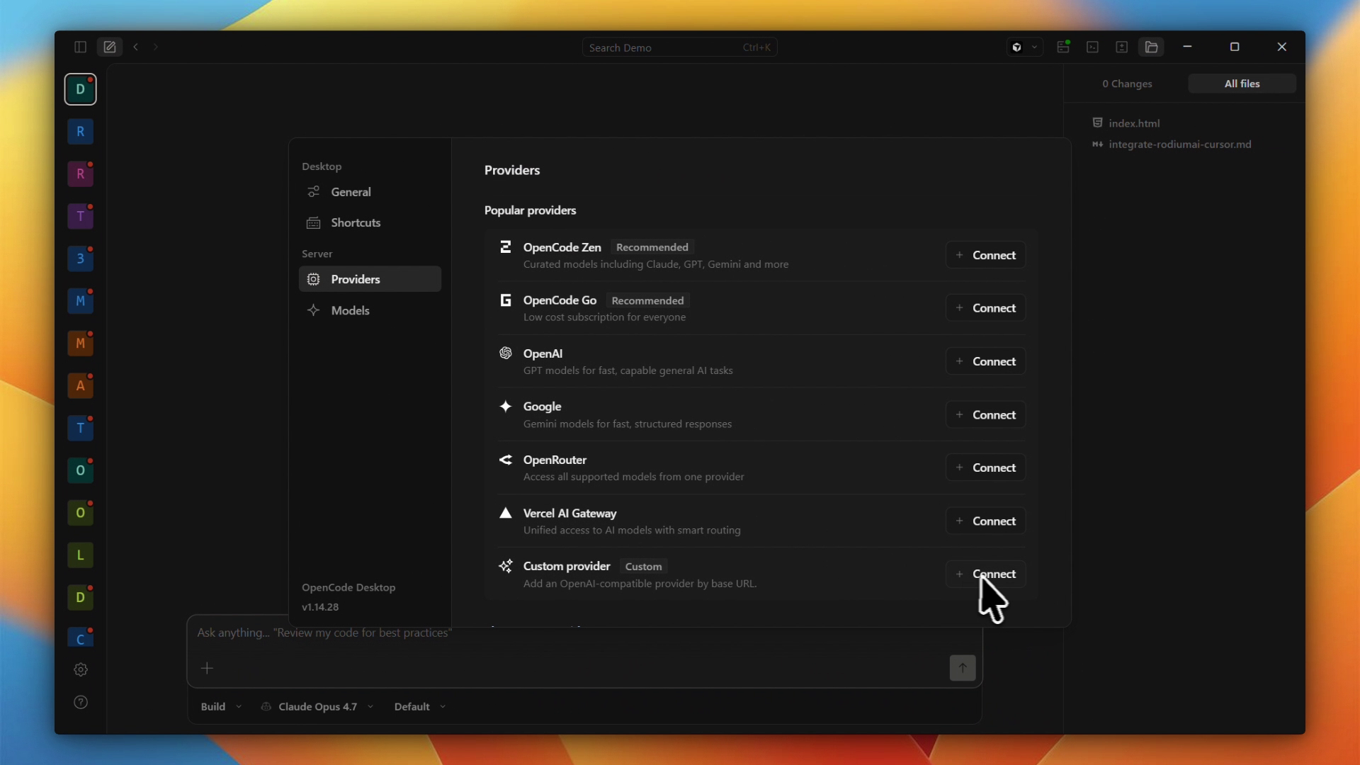 OpenCode Providers list — Custom provider option at the bottom with Connect button