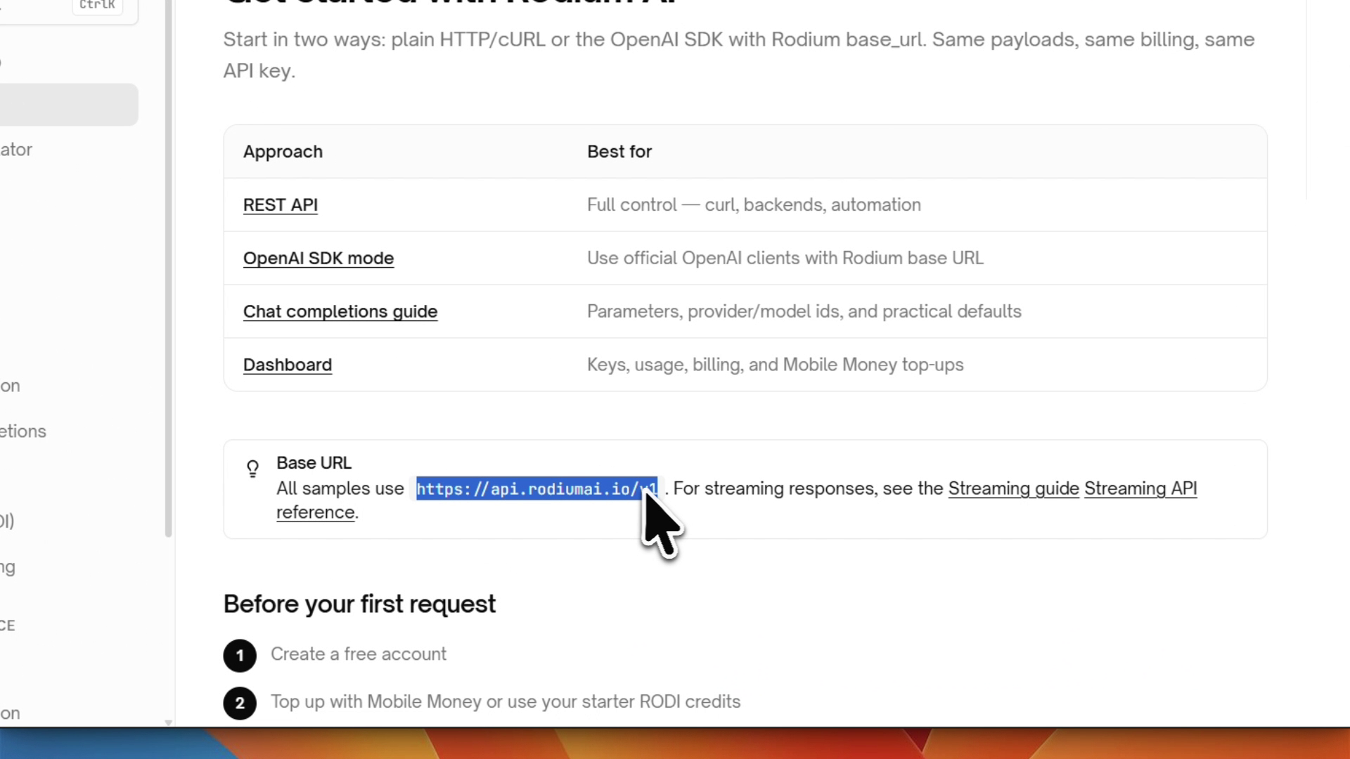 RodiumAI Docs — Base URL https://api.rodiumai.io/v1 highlighted
