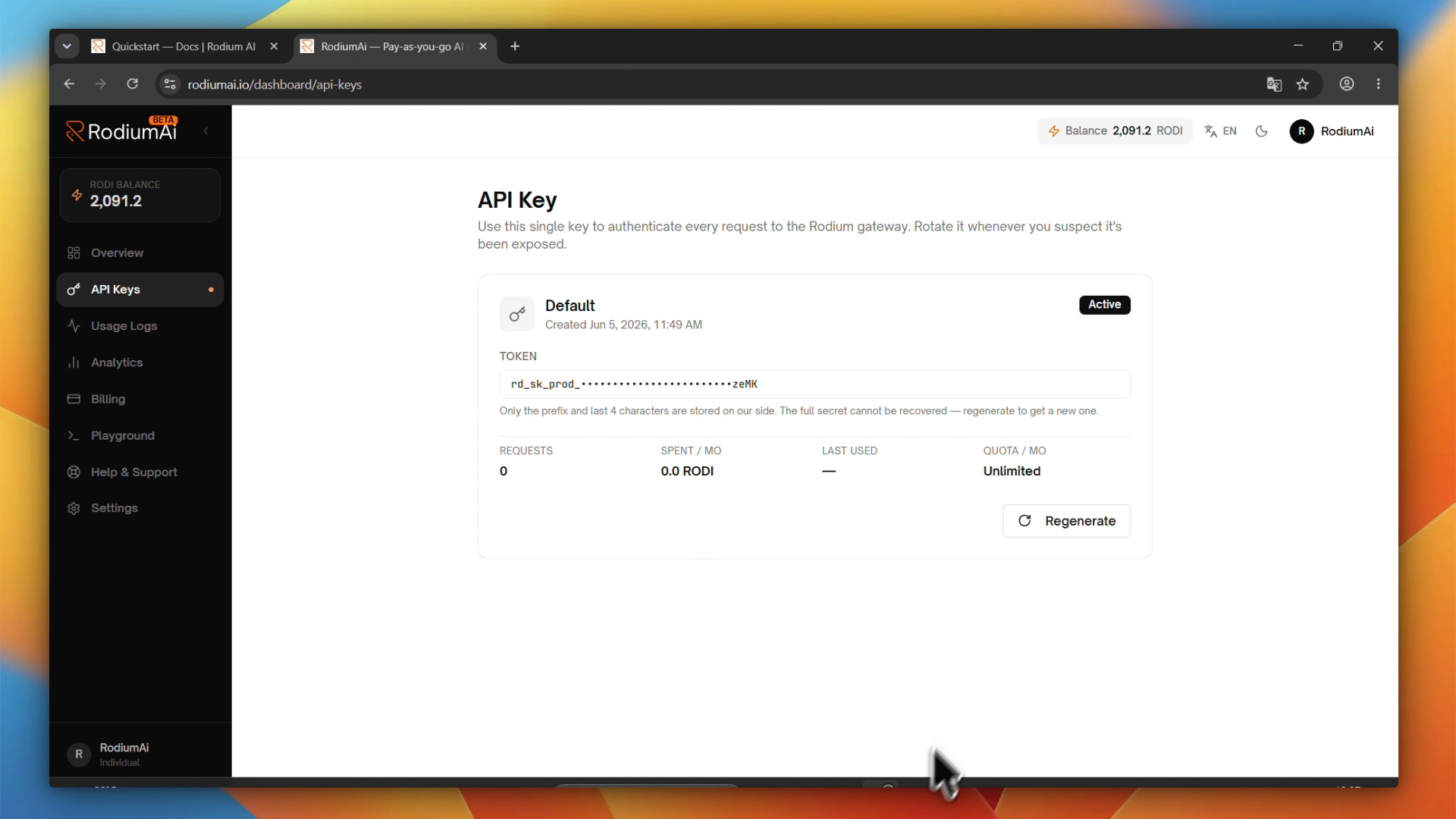 RodiumAI Dashboard — API Keys page showing the key token and Regenerate button