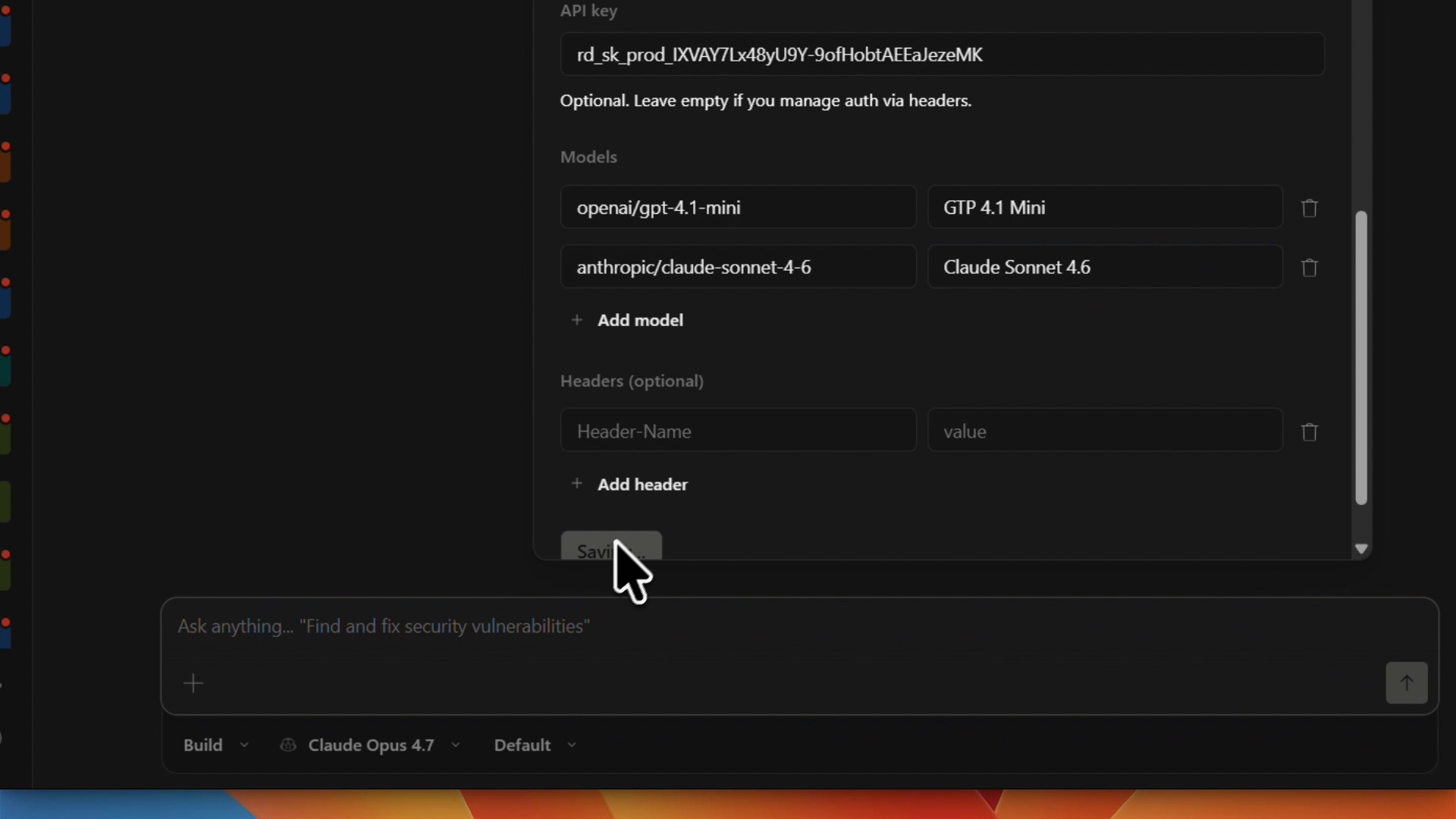 OpenCode — Custom provider form fully filled with API key, two models, and Save button
