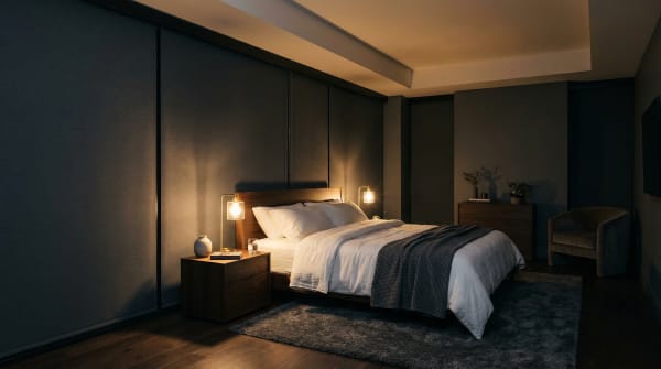Bedroom with blackout roller shades for better sleep
