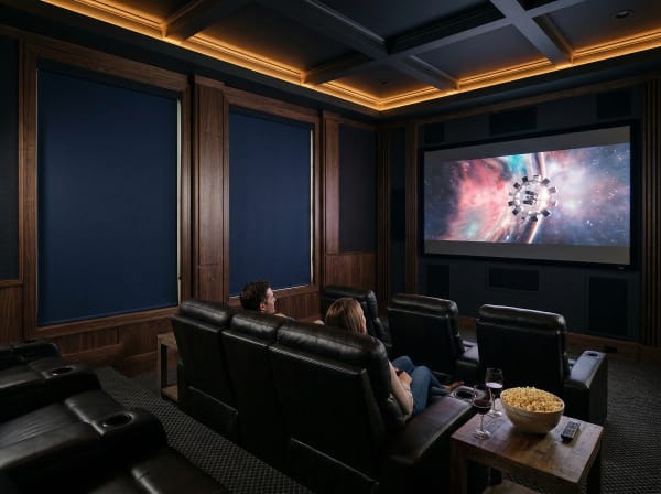 Home theater with blackout shades