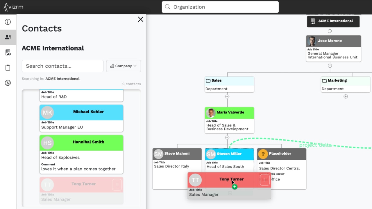 Building an org chart in vizrm with placeholders and informal relationship lines
