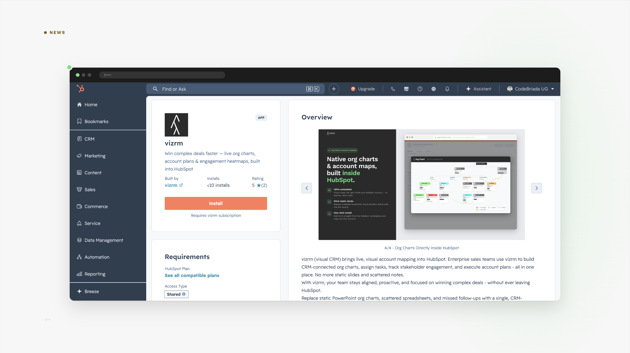 vizrm is now available in the HubSpot App Marketplace