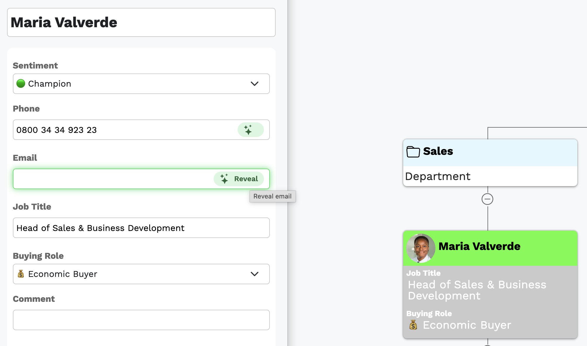 Reveal email and phone without leaving your org chart