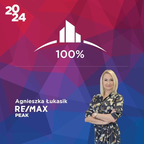 Pośrednik Nieruchomości Agnieszka Łukasik na tle informacji o zdobyciu prestiżowego wyróżnienia za 2024 rok w REMAX Executive Club