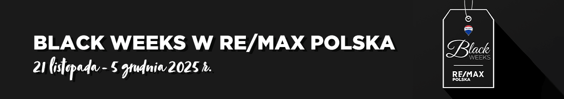 Czarny baner z białym tekstem informujący o promocji BLACK WEEKS w REMAX Polska w dniach 22.11-6.12.2024