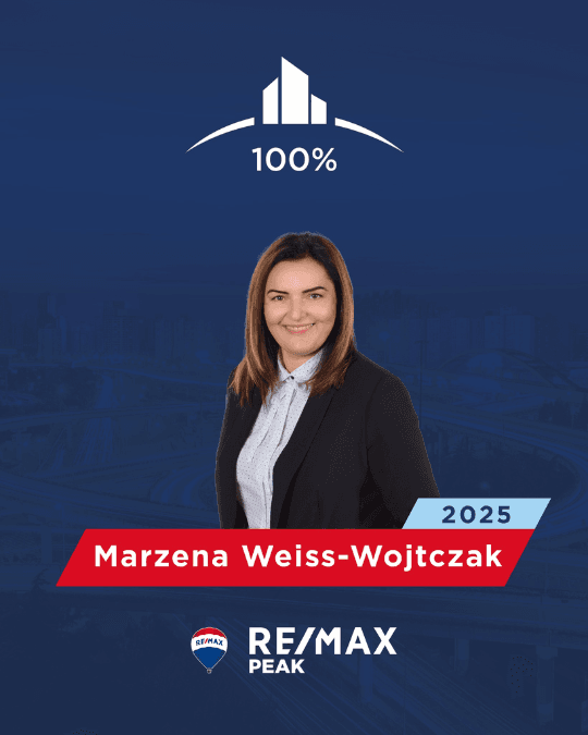 Pośrednik Nieruchomości Marzena Weiss-Wojtczak na tle informacji o zdobyciu prestiżowego wyróżnienia za 2025 rok w REMAX 100% Club