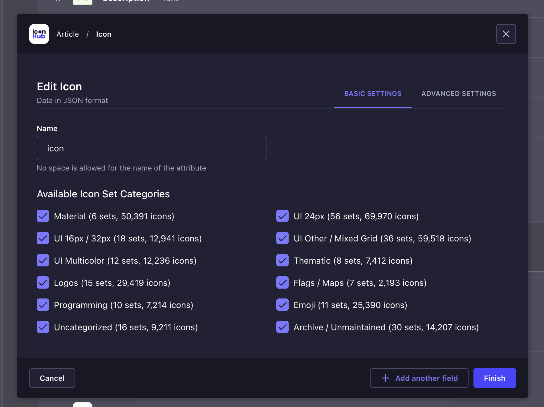 Configure available icon set categories