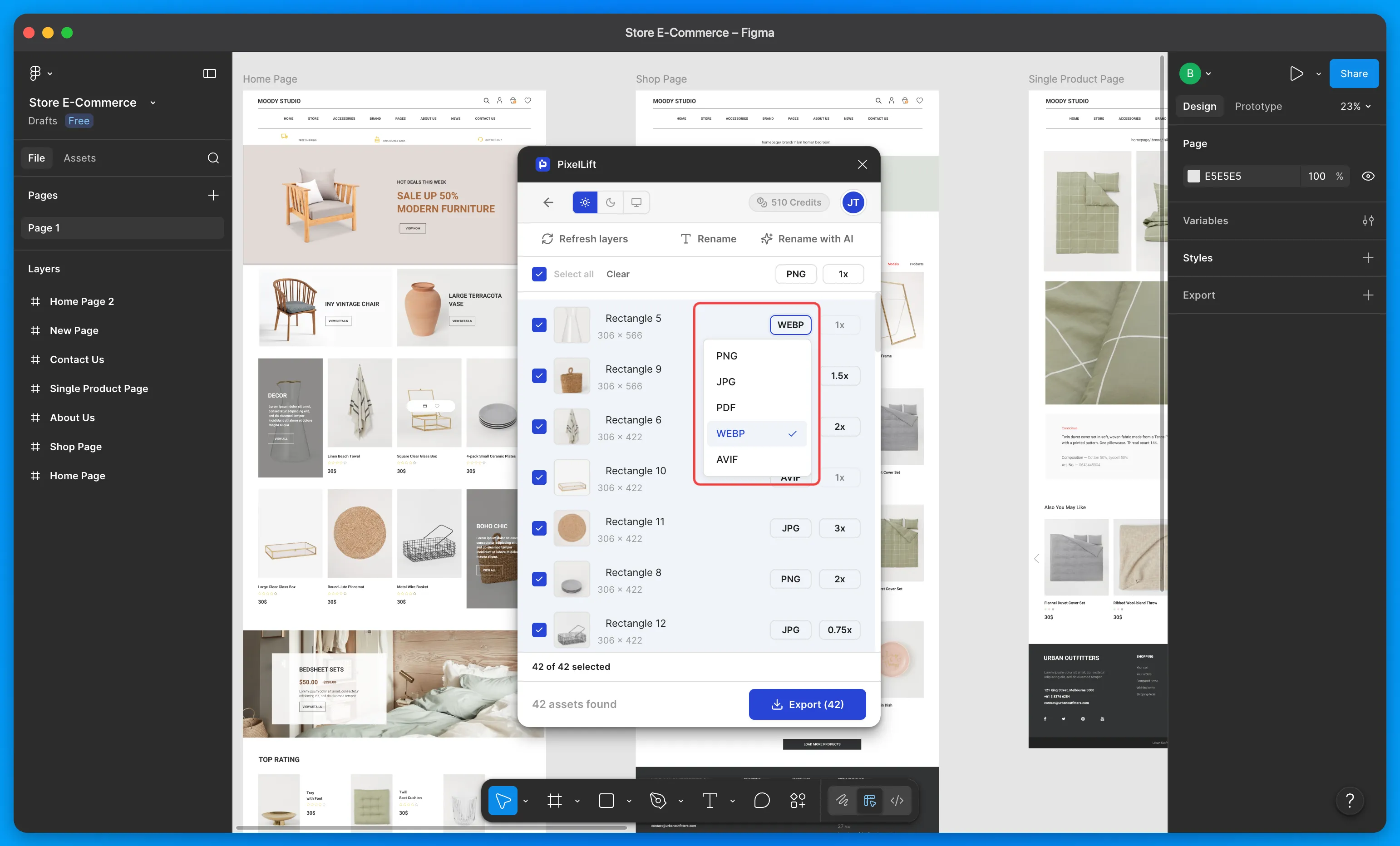 PixelLift plugin showing the format dropdown with PNG, JPG, PDF, WebP, and AVIF options