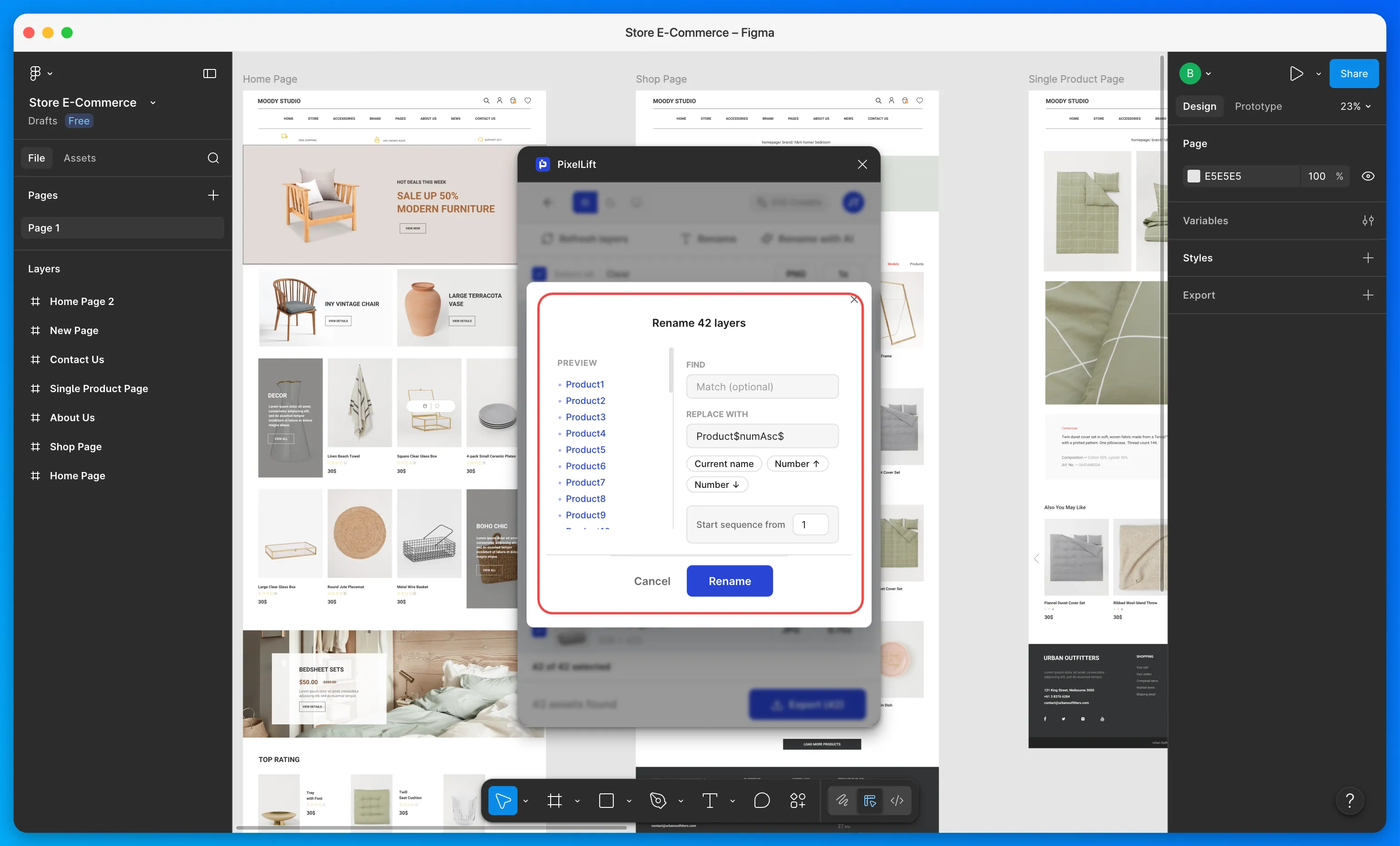 PixelLift bulk rename modal showing live name preview, find and replace fields, and numbering options