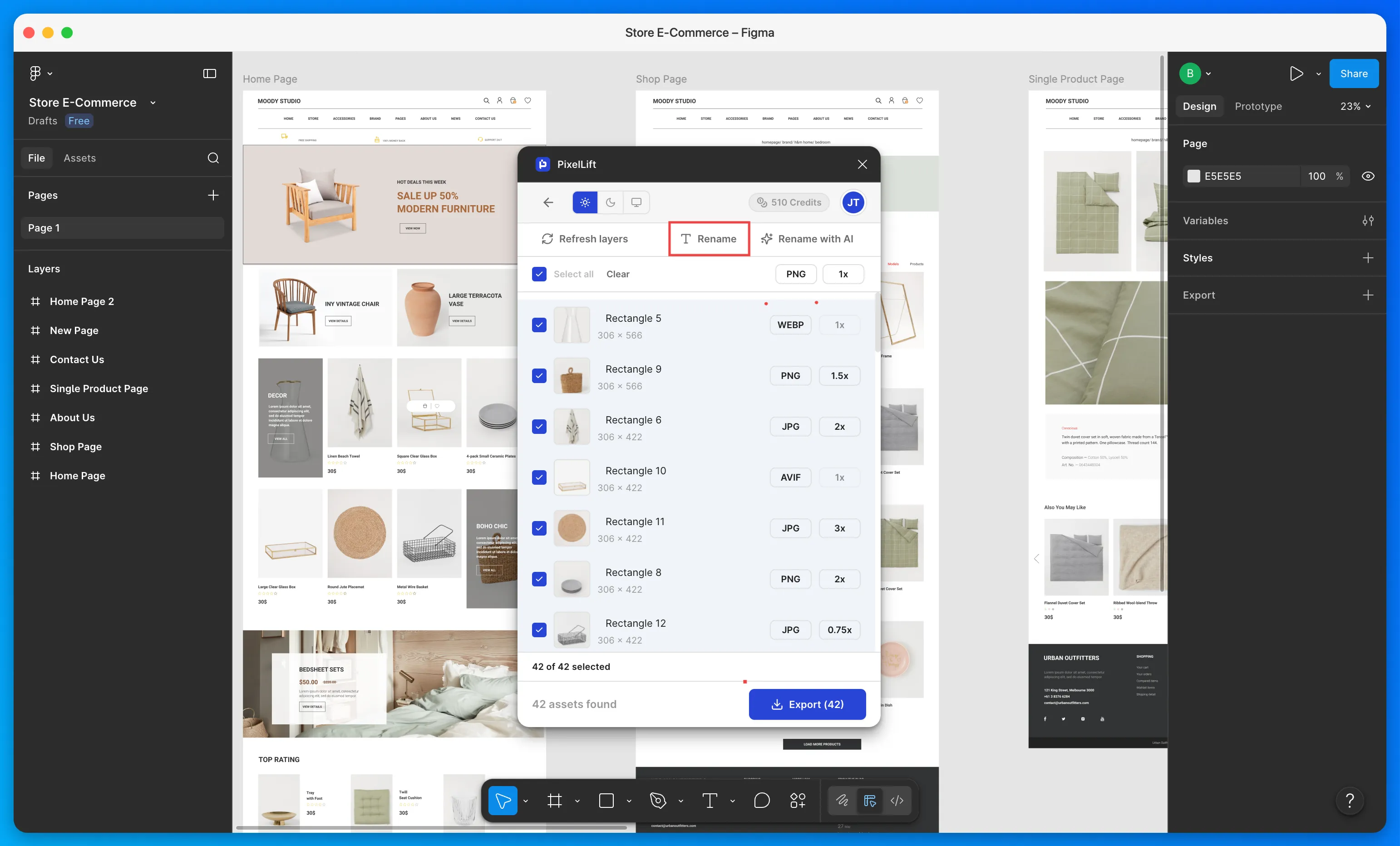 PixelLift plugin with the Rename button highlighted in the toolbar
