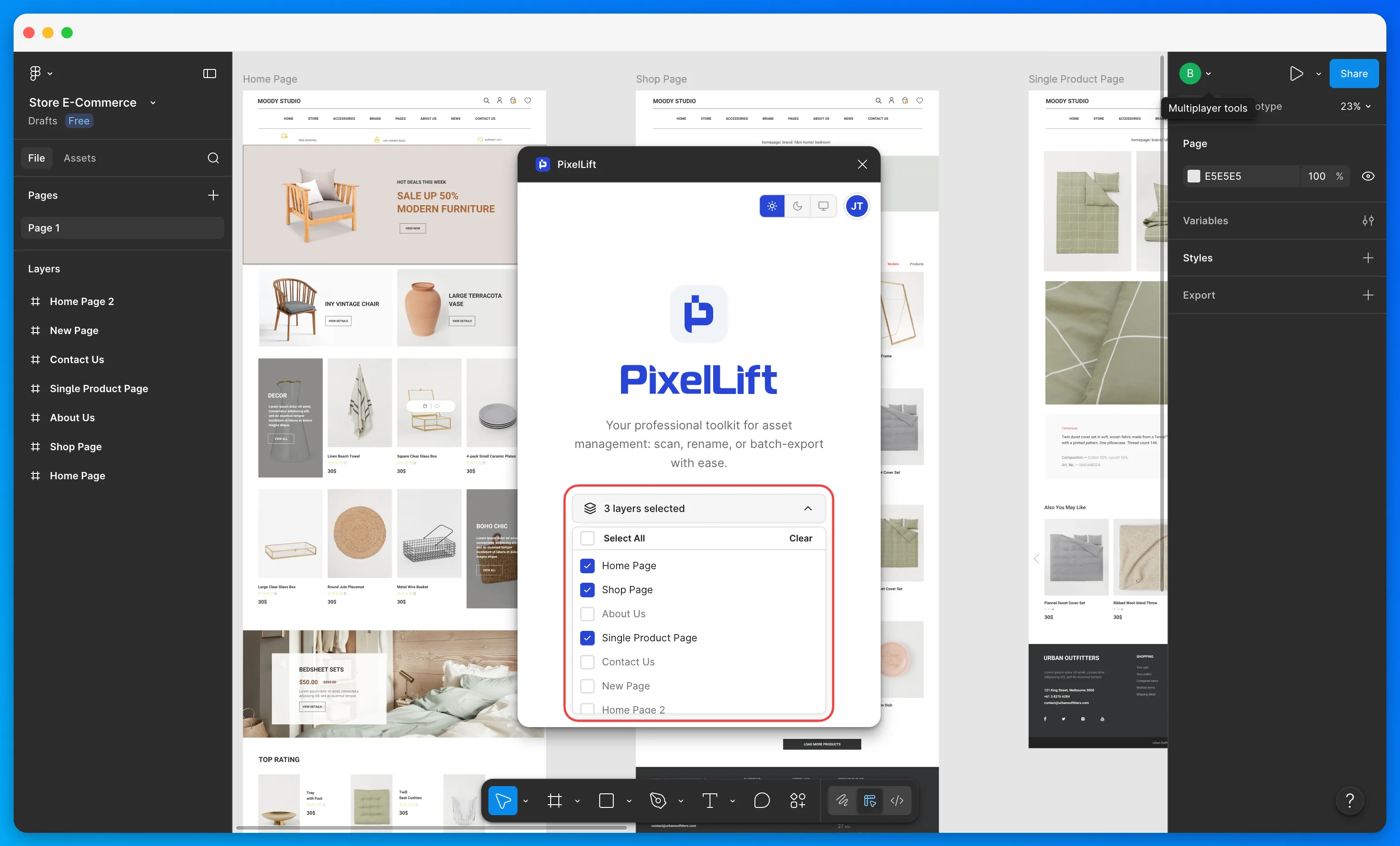 PixelLift plugin showing the layer selection dropdown with Figma pages listed