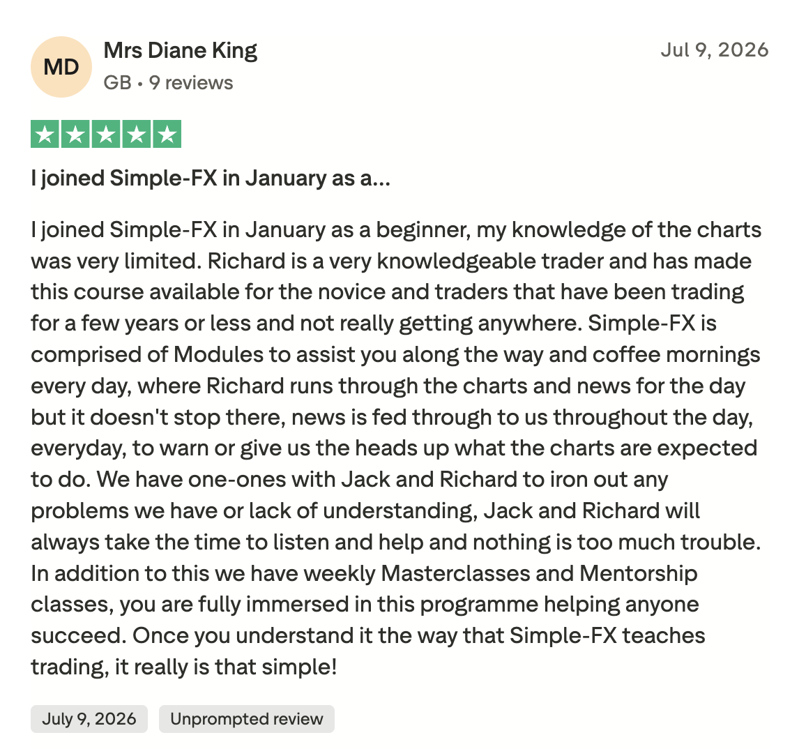 Five star Trustpilot review of Simple FX