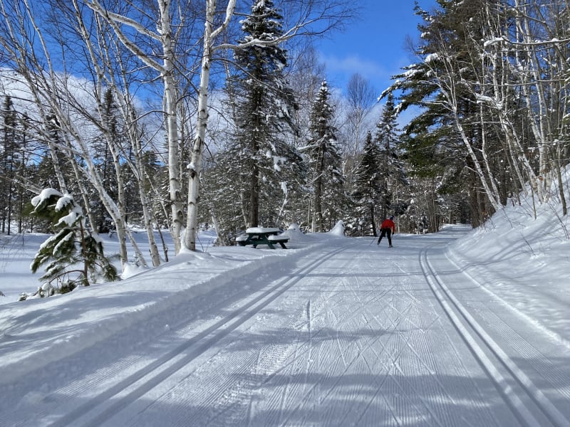 A skier in red coat on the cross country ski trails at Minocqua Winter Park