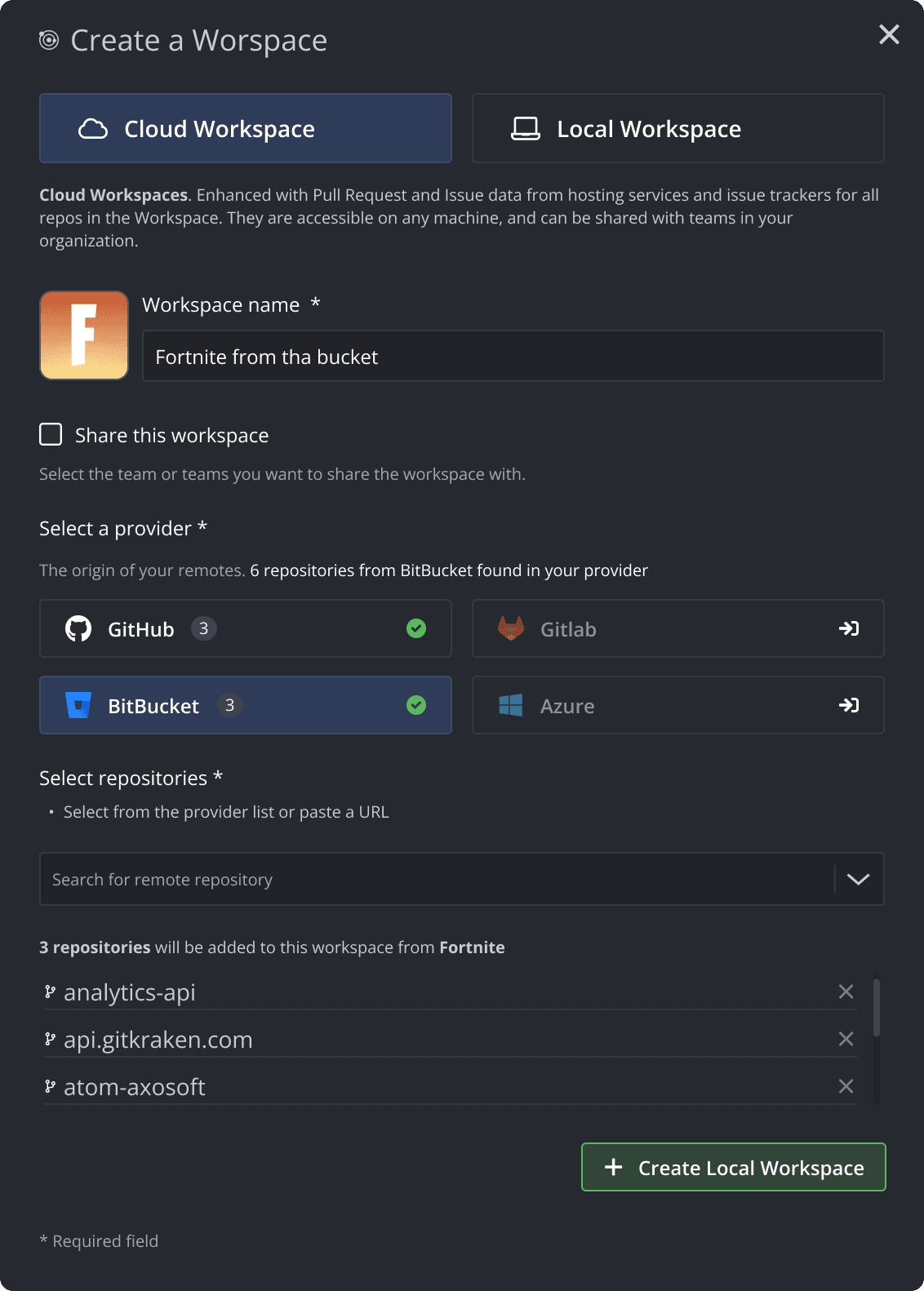 An example of a complex workspaces creation form, reactive to the options proposed by the user,