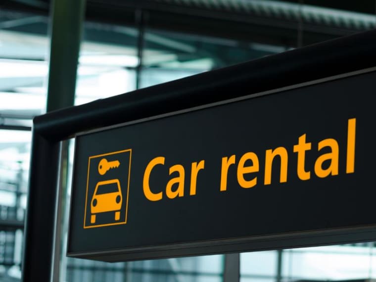Panneau Car rental orange suspendu dans un hall d'aéroport, au-dessus des comptoirs de location de voitures