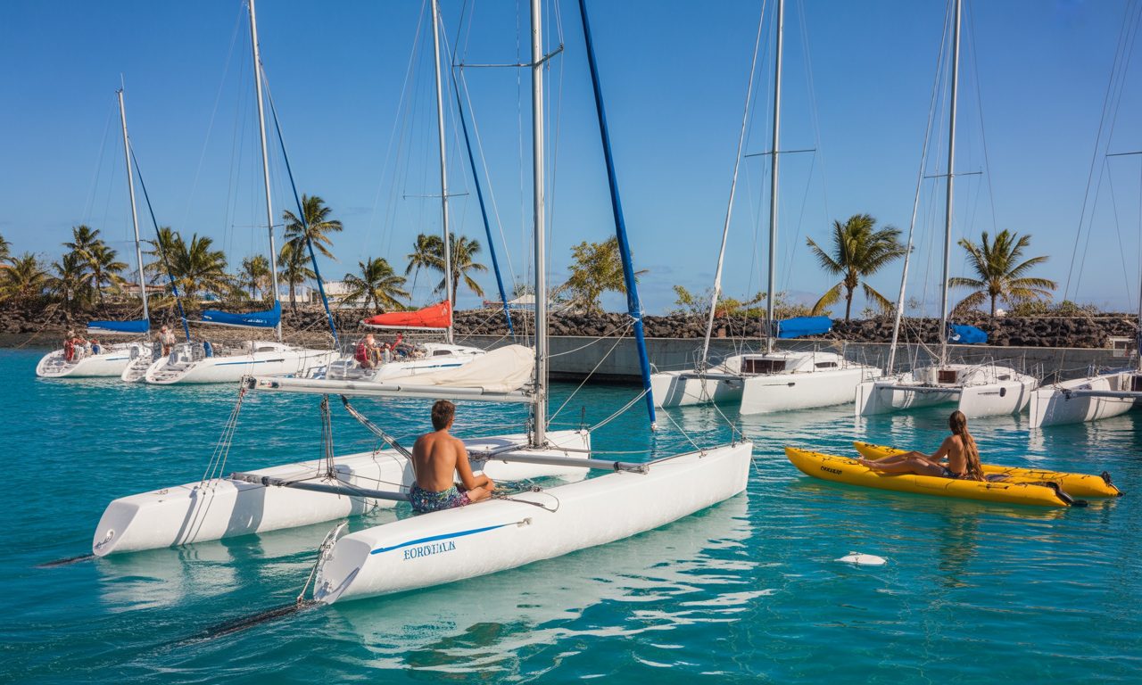 Marina de Saint-Gilles avec catamarans et kayak jaune dans le lagon turquoise, La Réunion