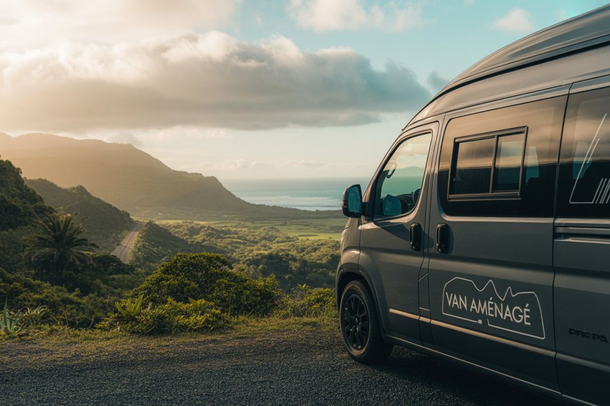 Van aménagé Fiat Ducato gris siglé « VAN AMÉNAGÉ » sur belvédère avec vue sur la mer et la végétation tropicale de La Réunion