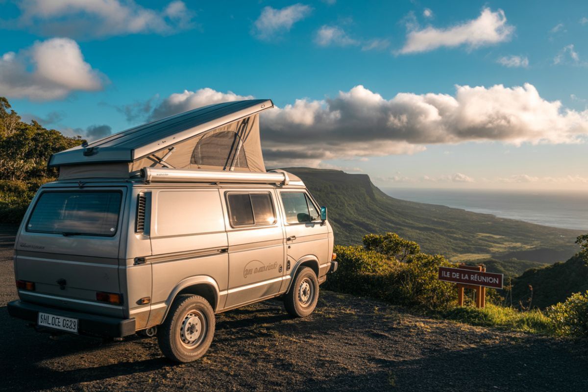 VW Combi T3 vintage silver garé sur belvédère face à l'océan Indien, panneau « Île de La Réunion » au premier plan, road-trip avec van compact