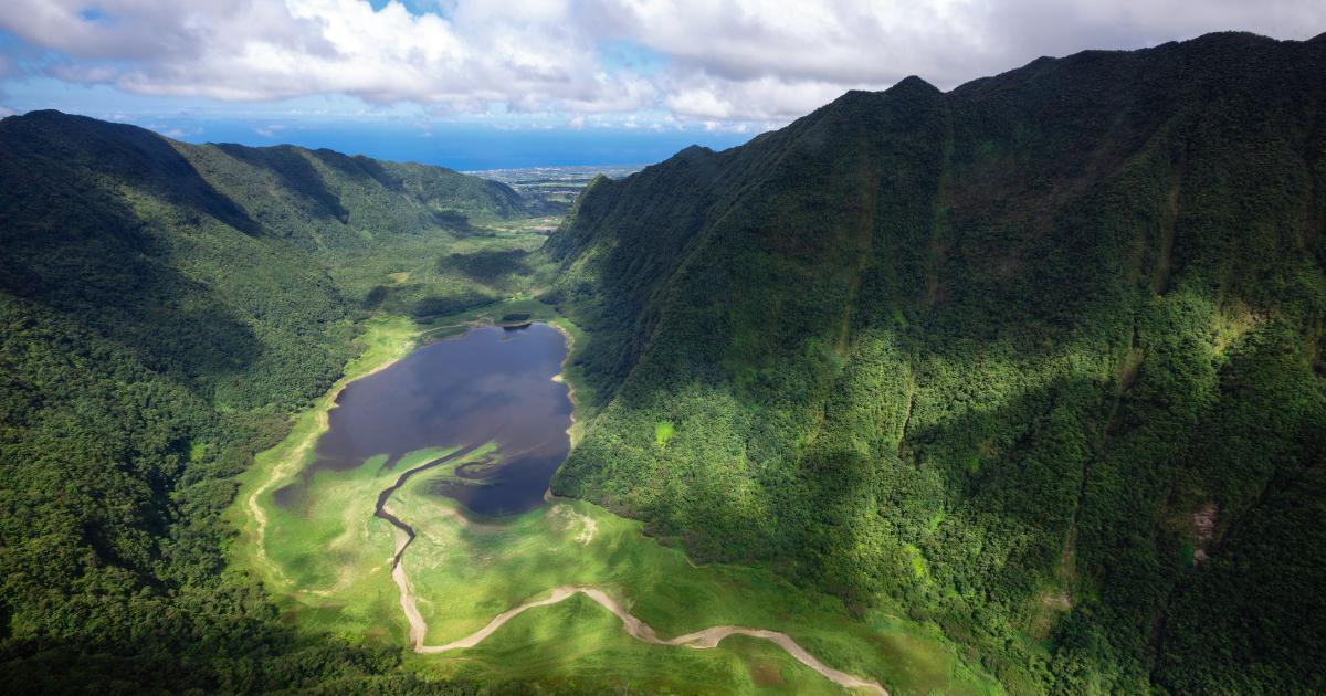 Vue aérienne d'une vallée verte tropicale de La Réunion en juin avec lac et océan à l'horizon