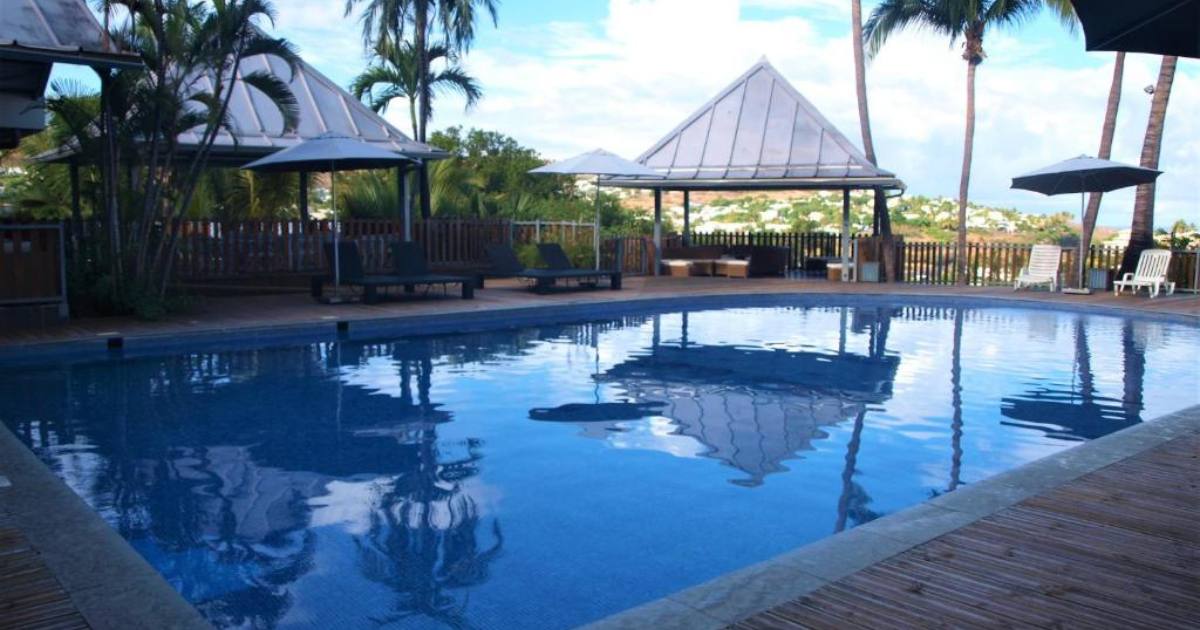 Piscine extérieure chauffée de l'Hôtel Les Aigrettes avec gazebos en bois, transats et palmiers