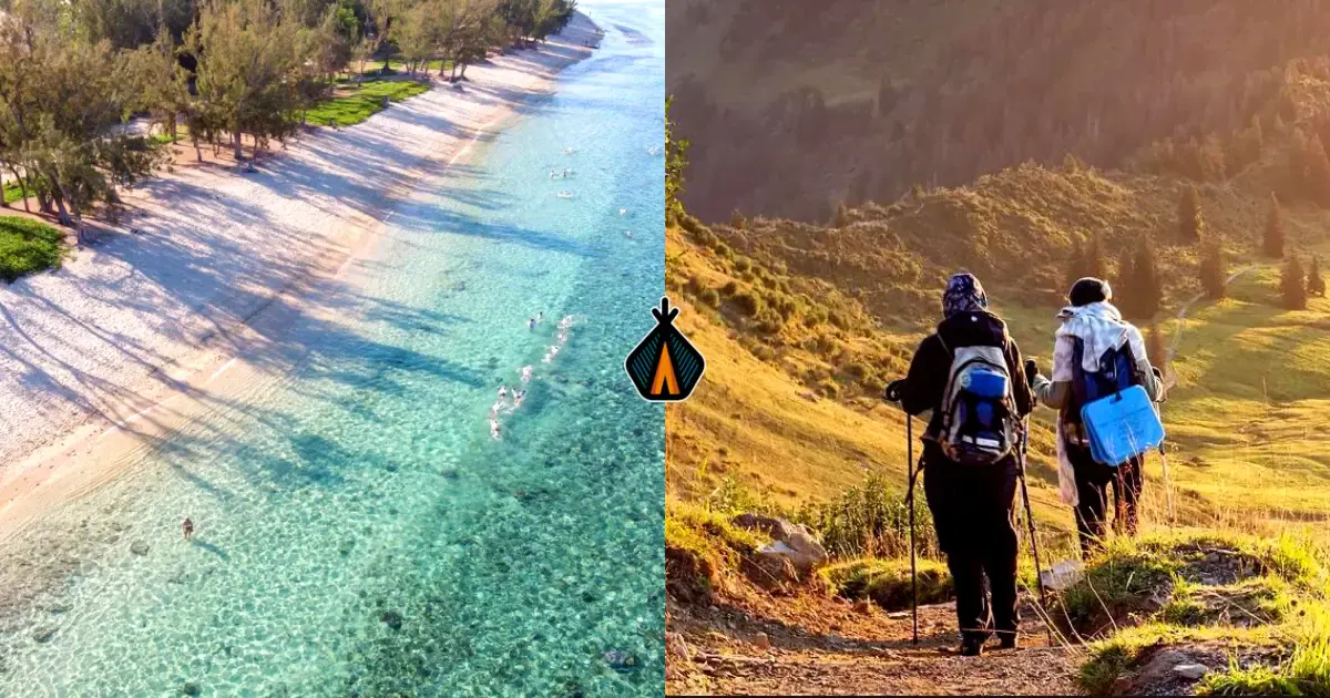 Composite La Réunion : lagon turquoise côte ouest à gauche, randonneurs en montagne dans les Hauts à droite, deux visages d'un séjour 10 jours