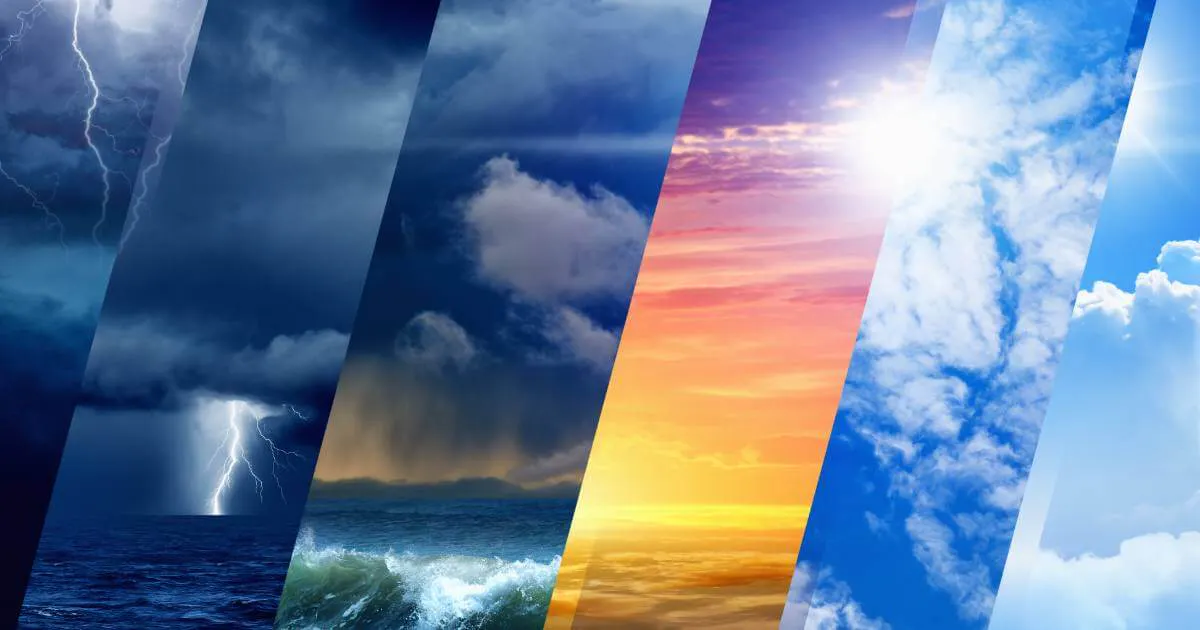 Composite des conditions météo à La Réunion : orage, pluie tropicale, coucher de soleil, ciel bleu et nuages