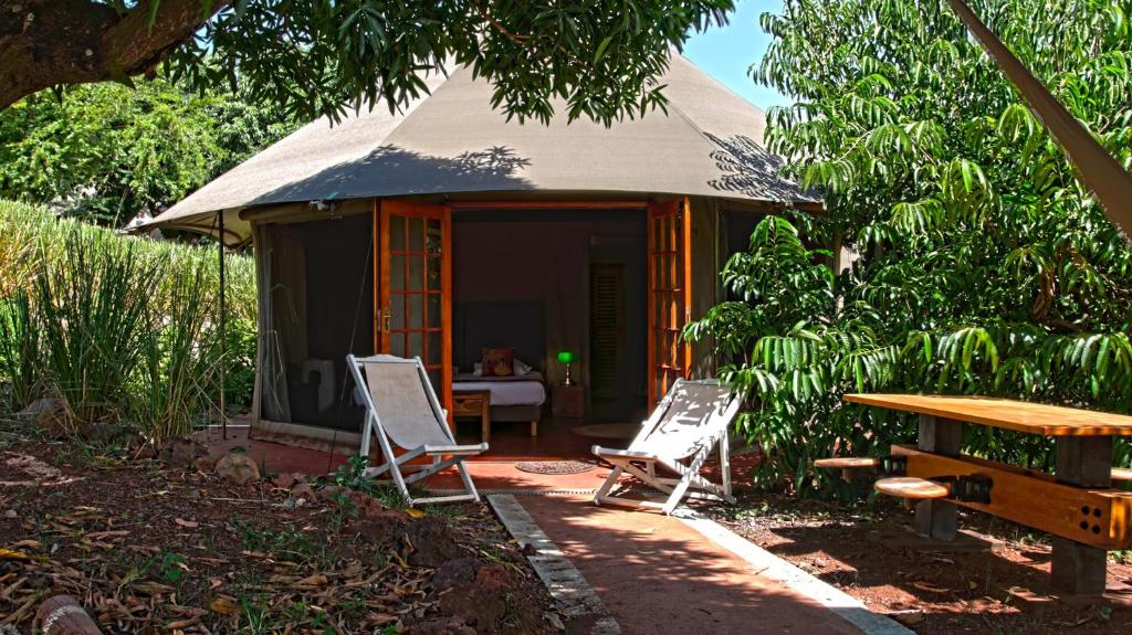 Glamp Gadiamb City avec transats et table en bois dans un jardin individuel parmi les litchis