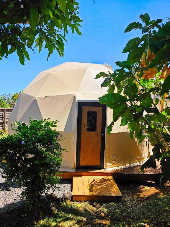 Dôme géodésique blanc avec porte en bois et petite terrasse, entouré d'un jardin tropical au Domaine de Petite-Île