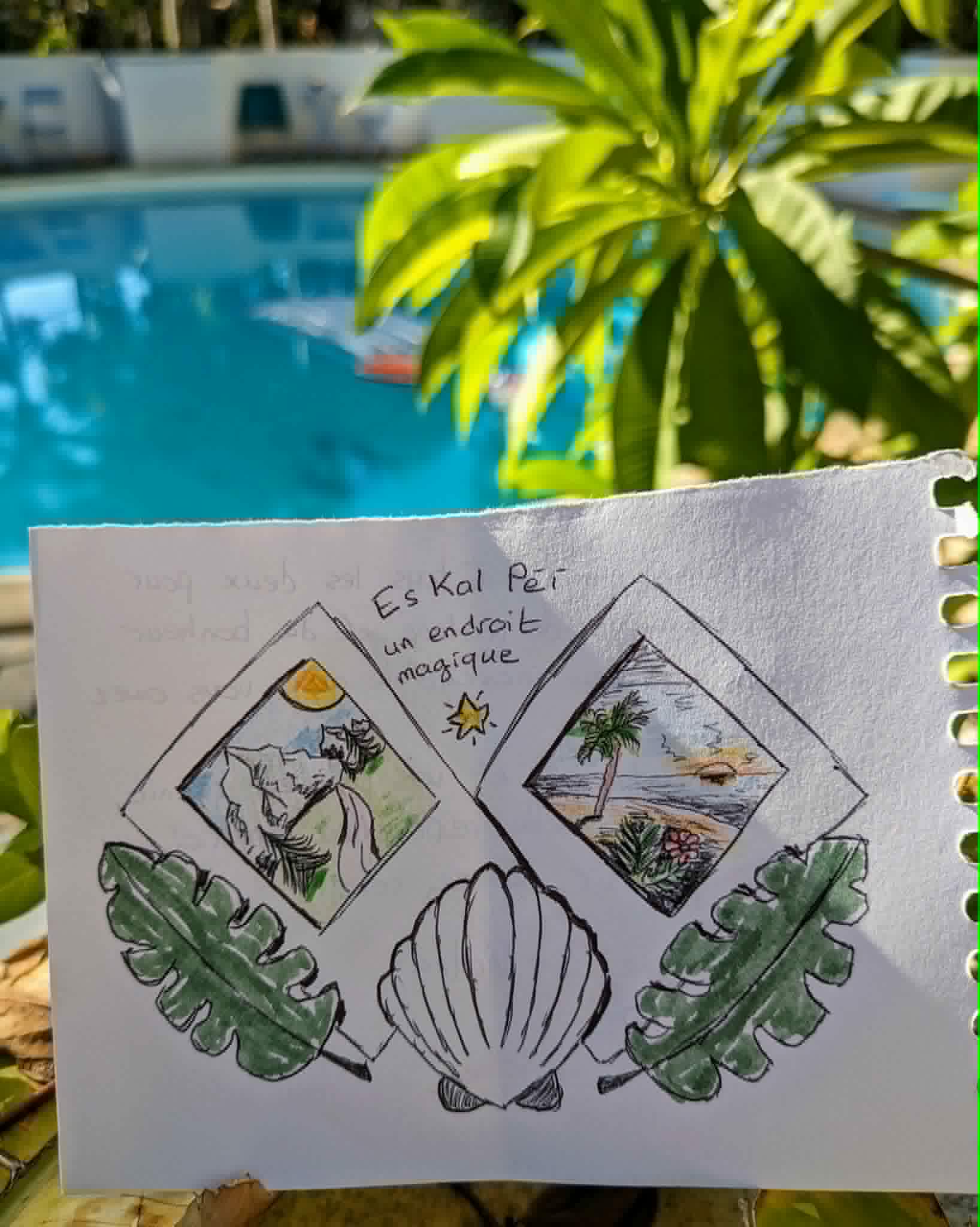 Dessin laissé par un voyageur dans le livre d'or d'Eskal Péi avec la mention « un endroit magique »