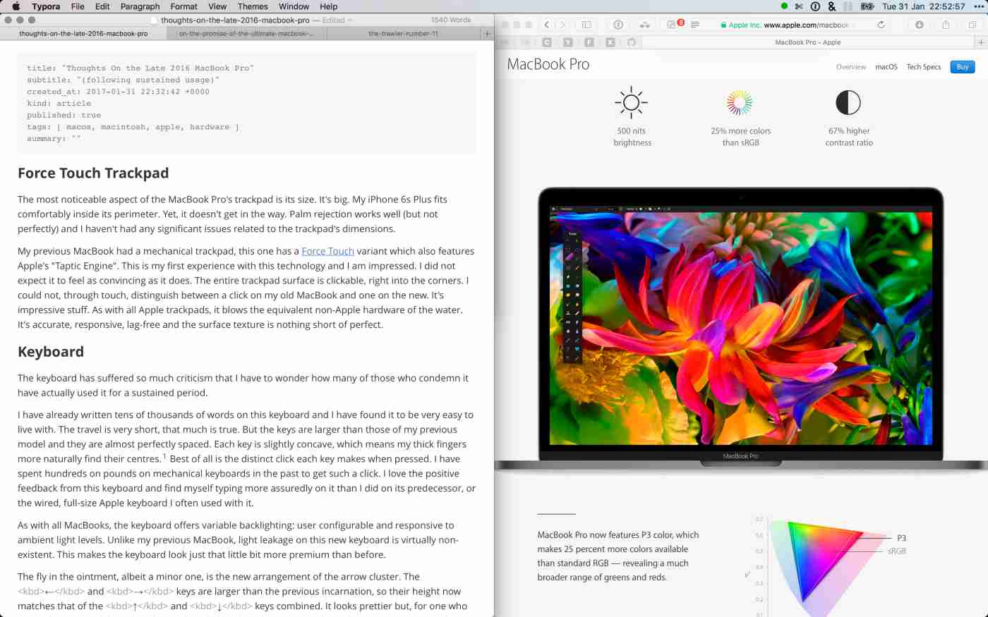 working with two applications side-by-side, Typora and Safari