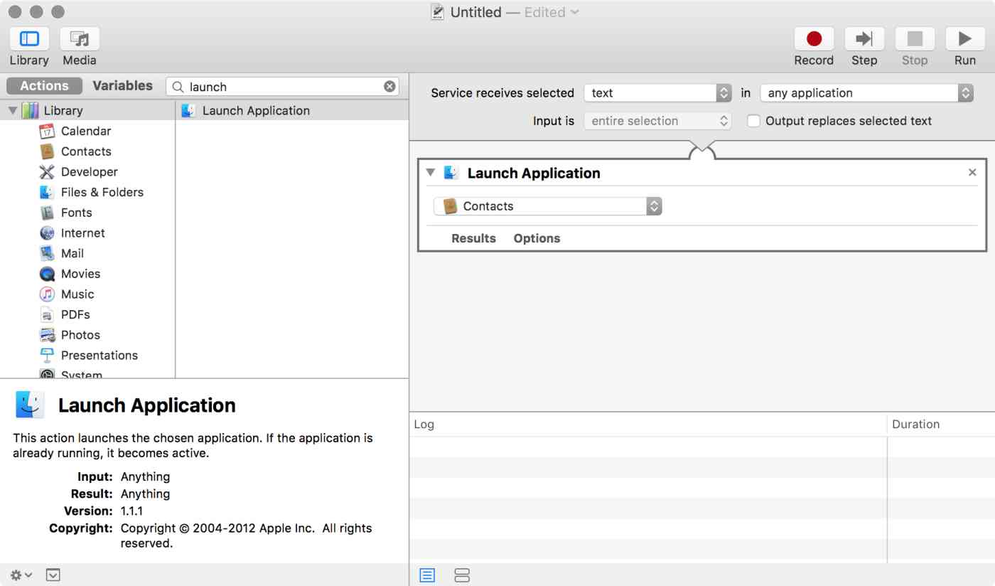OS X Automator: Launch Application action ready for editing