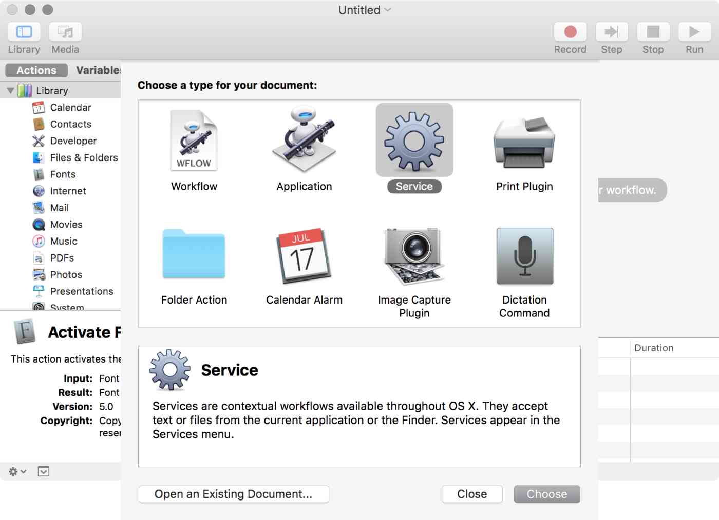 OS X Automator: New workflow dialogue