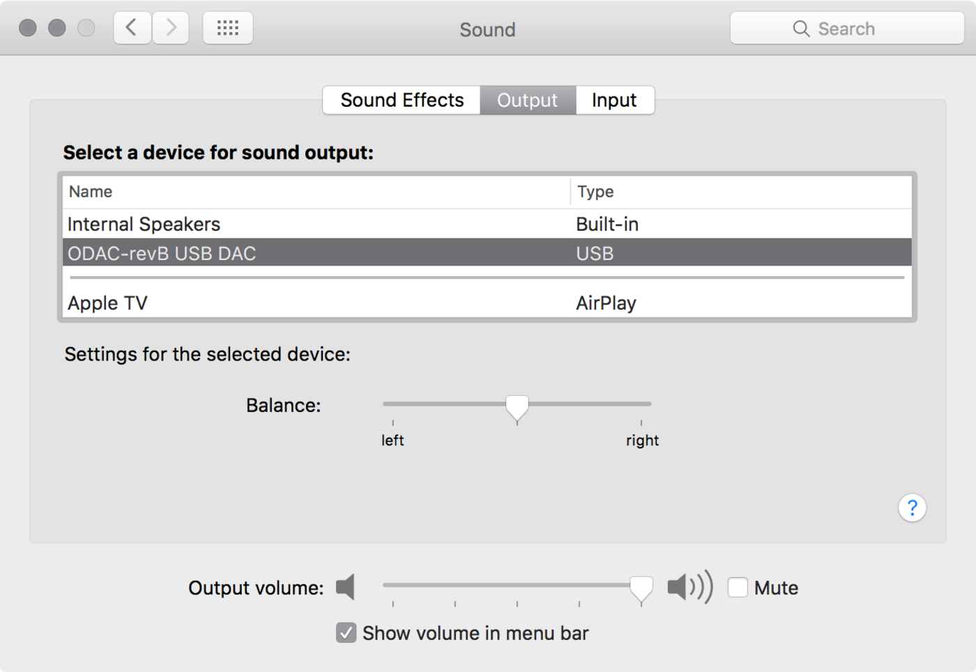 OS X audio output preference pane showing the ODAC option