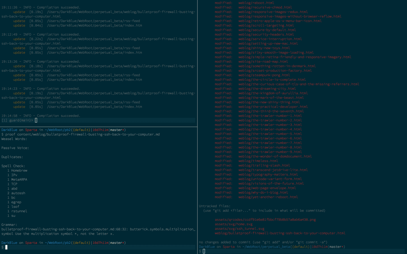 iTerm terminal emulator software, with three windowed sessions in progress