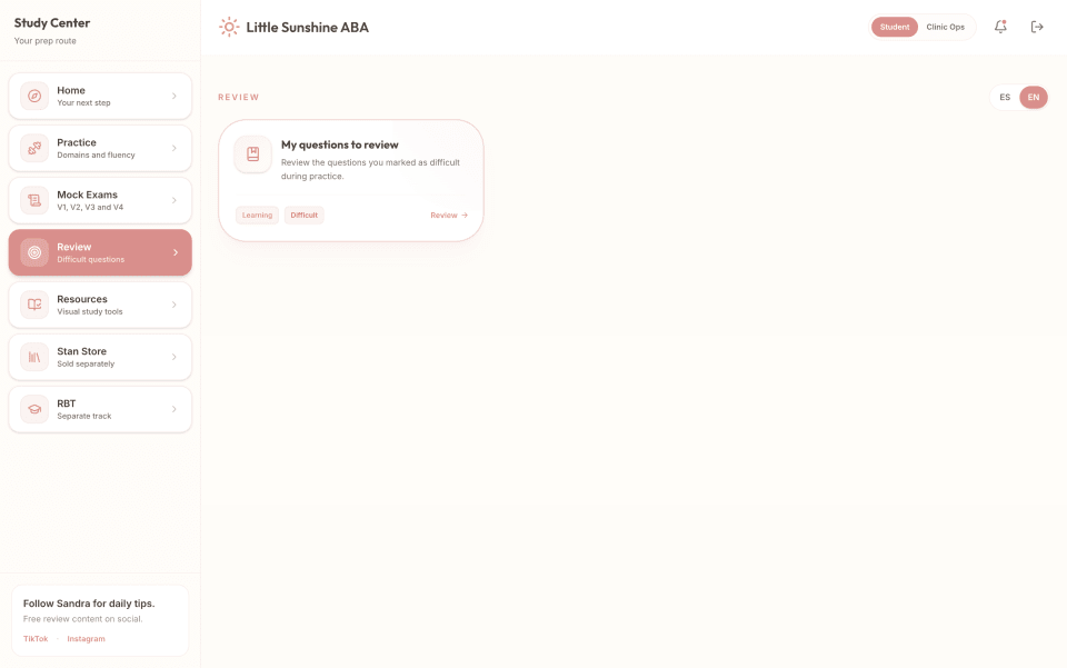 Little Sunshine ABA Review view with completed practice history