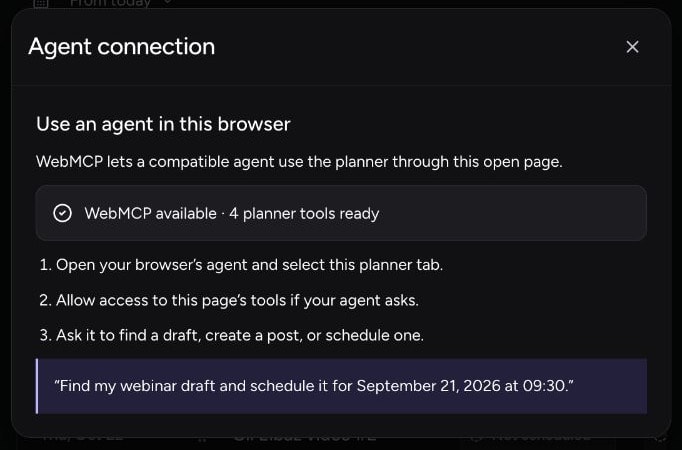 The Agent connection panel showing WebMCP available and four planner tools ready