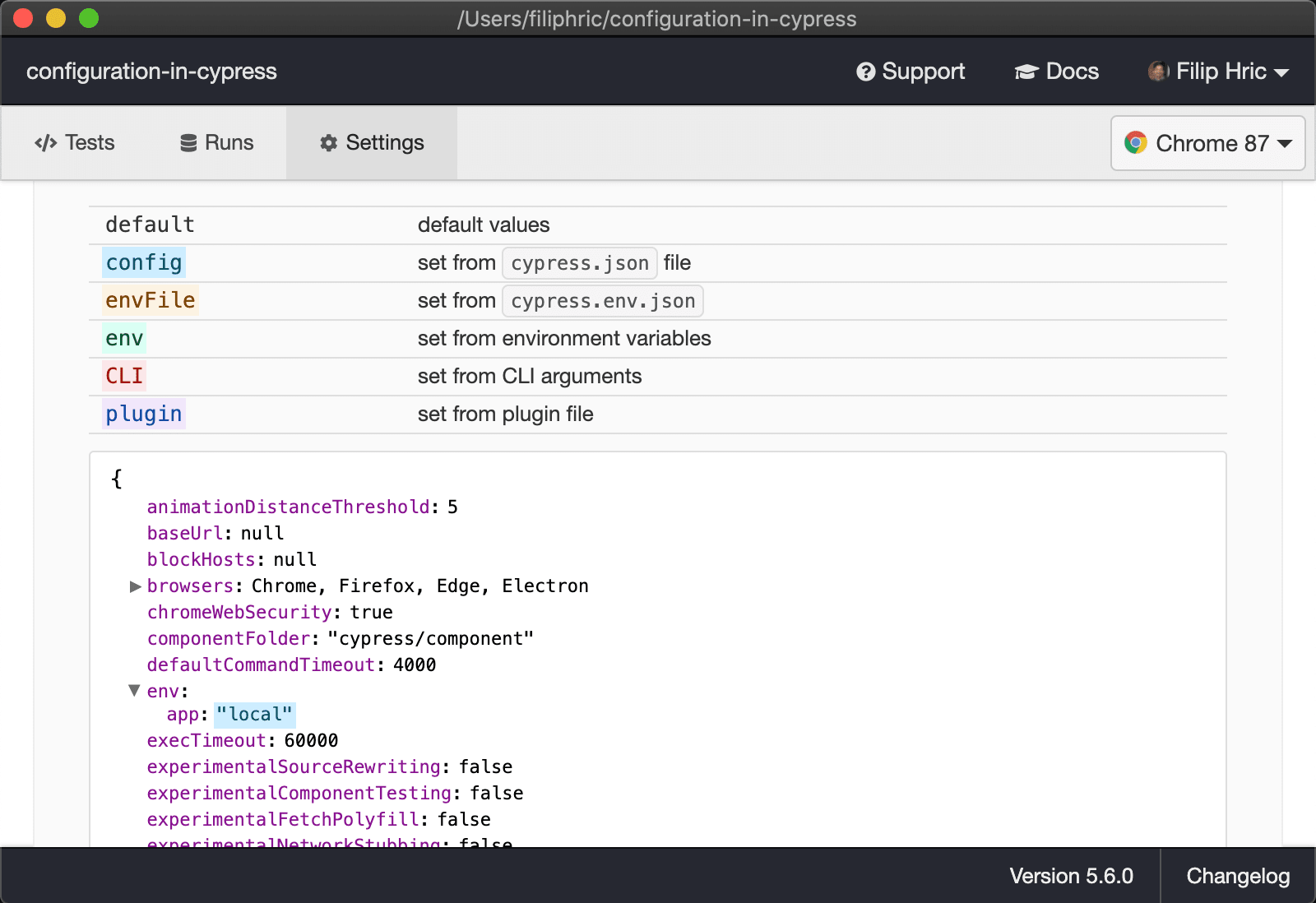 Cypress env variable added in cypress.json file