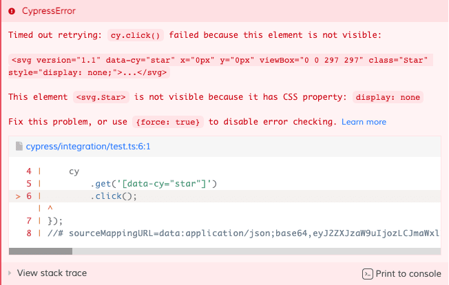 Cypress error message on invisible element