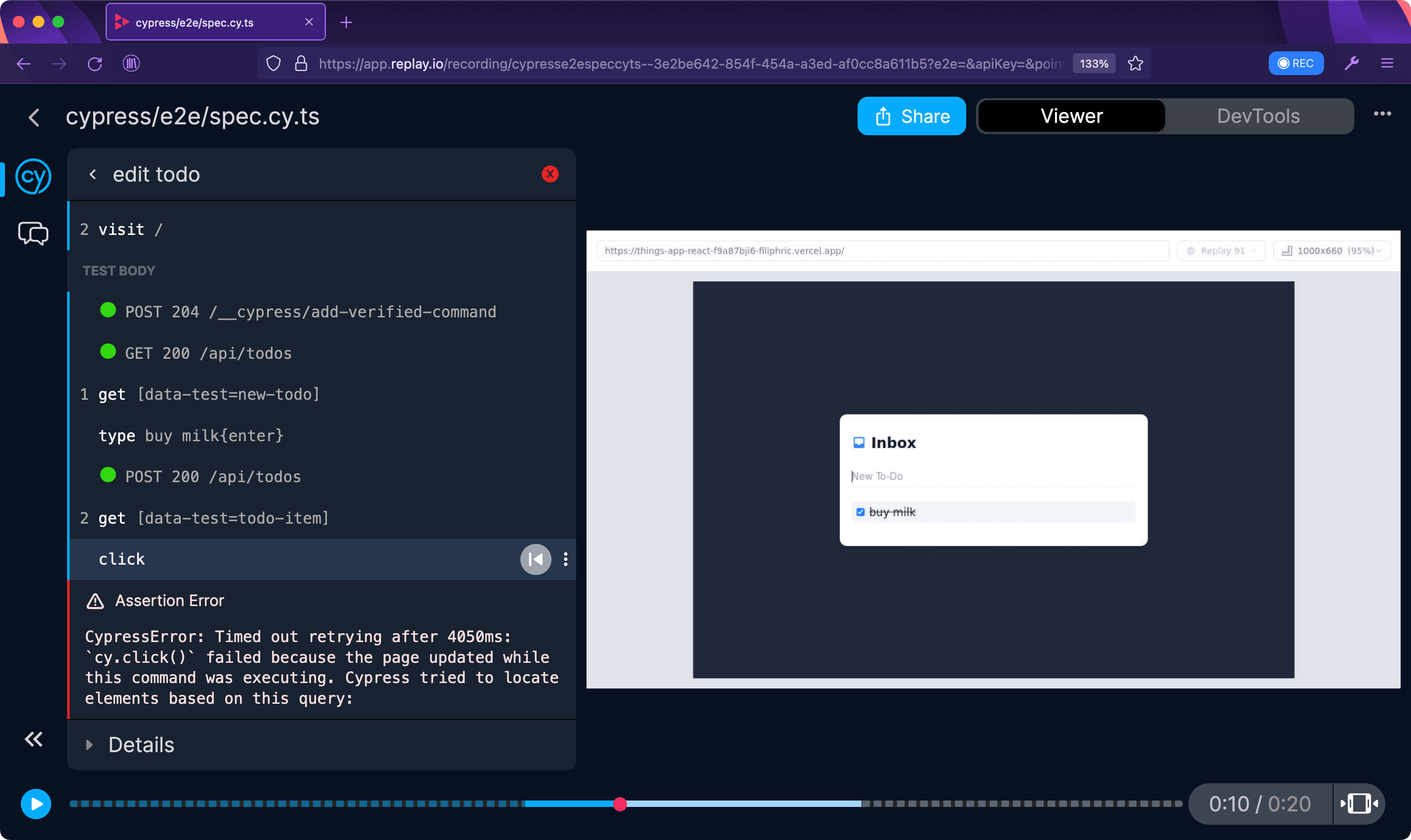 Cypress test replay