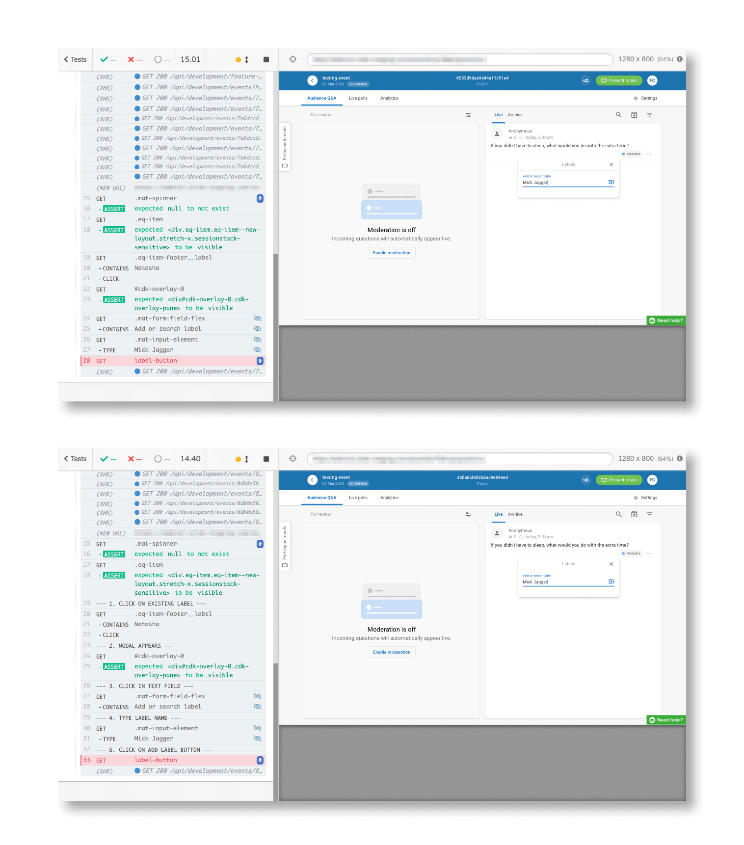 Upper screenshots is without logs, lower screenshot shows log on each step.