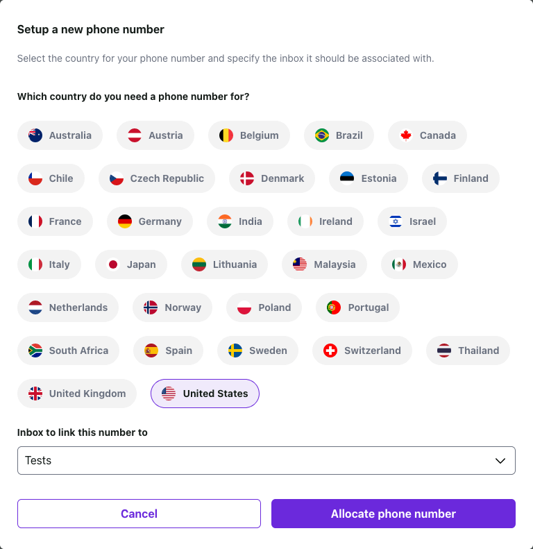 Choosing a phone number with Mailosaur